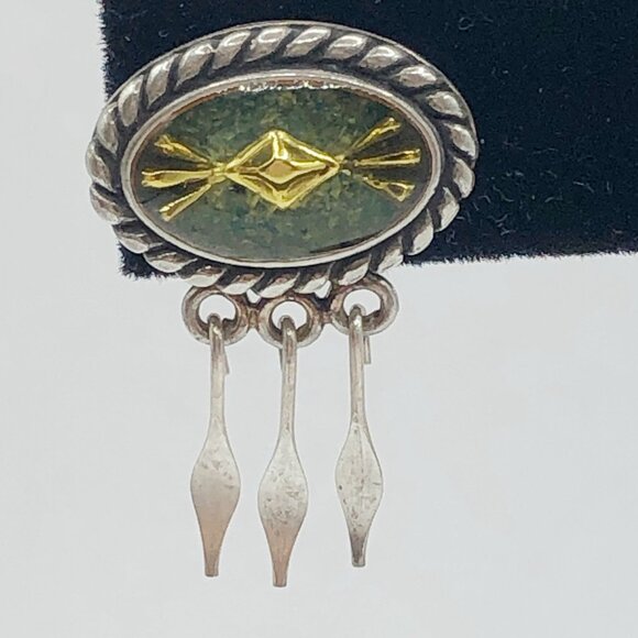Relios Southwest Sterling Silver Green Yellow Inlay Tassel Pierced Earrings - Picture 8 of 12